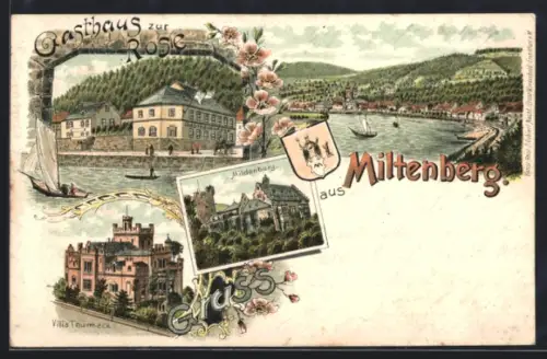 Lithographie Miltenberg, Gasthaus zur Rose, Villa Thurmeck und Mildenburg