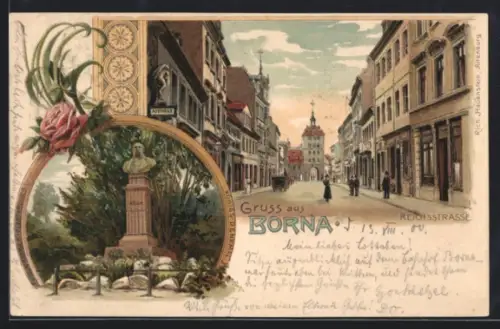 Lithographie Borna, Blick in die Reichsstrasse, Königs-Denkmal