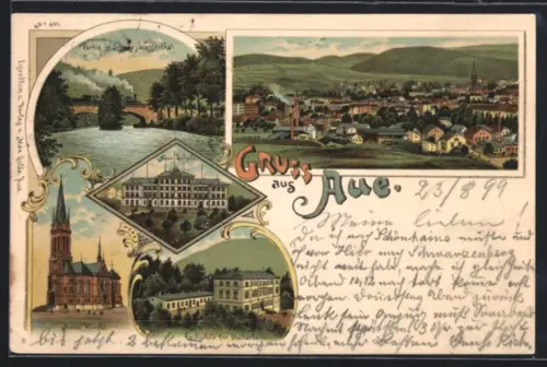 Lithographie Aue, Totalansicht, Partie im Schwarzwassertal, Neue Schule, Neue Kirche
