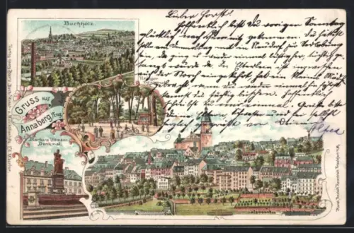 Lithographie Annaberg i. Erzgeb., Buchholz, Kriegerdenkmal und Barbara Uttmann-Denkmal