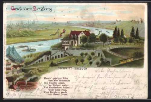Lithographie Loschwitz-Dresden, Ortsansicht vom Burgberg