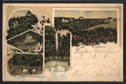 Lithographie Lützelhöhe, Emilientempel, Restaurations-Garten, Ortsansicht