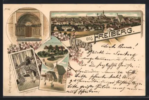 Lithographie Freiberg, Schloss Freudenstein, Tulpenkanzel und Dom