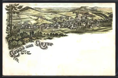 Lithographie Geyer, Ortsansicht aus der Vogelschau