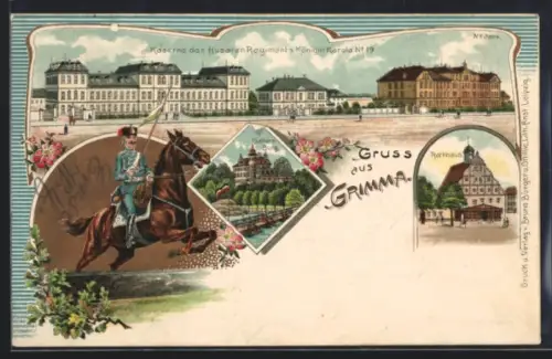 Lithographie Grimma, Kaserne des Husaren-Regiments Königin Karola No. 19, Gatters-Burg, Rathaus