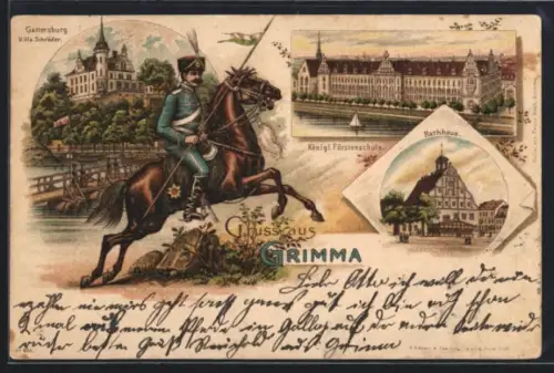 Lithographie Grimma, Königl. Fürstenschule, Rathaus, Soldat zu Pferd, Villa Schröder