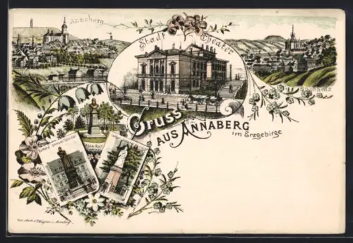 Lithographie Annaberg im Erzgebirge, Panorama, Stadt-Theater und Barbara Unmann-Denkmal