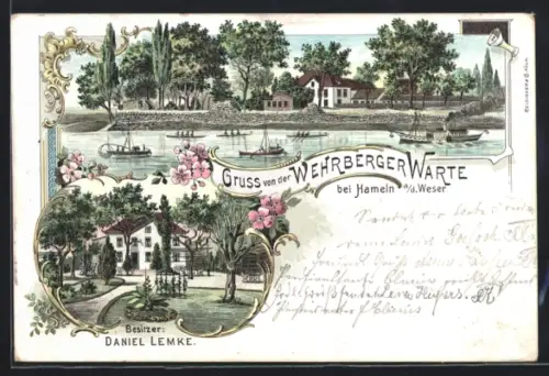 Lithographie Hameln a. d. Weser, Gasthaus Wehrberger Warte, Uferpartie mit Booten