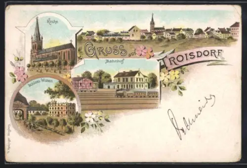 Lithographie Troisdorf, Schloss Wissen, Bahnhof, Kirche