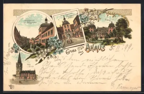 Lithographie Ahaus, Hotel Bispinck, Amtsgericht mit Burggraben