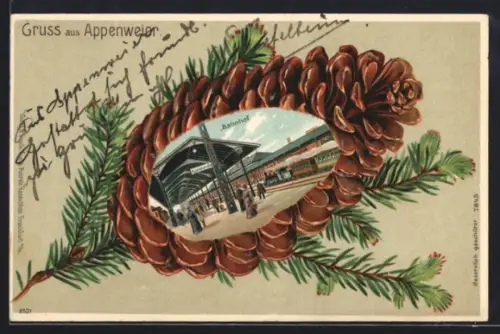 Passepartout-Lithographie Appenweier, Bahnhof in einem Tannenzapfen