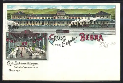 Lithographie Bebra, Bahnhof mit einfahrendem Zug, Restauraunt von Carl Schwerdtfeger
