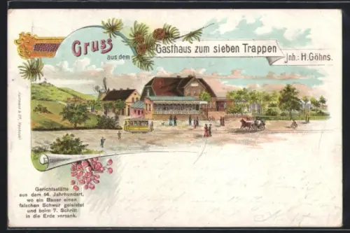 Lithographie Benthe, Gasthaus zum sieben Trappen mit Strassenbahn, Kutsche und Menschen