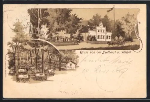 Lithographie Wülfel, Gasthof Seelhorst mit Kutsche