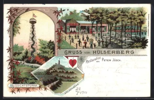 Lithographie Krefeld, Aussichtsturm, Gasthaus Hülserberg, Wappen