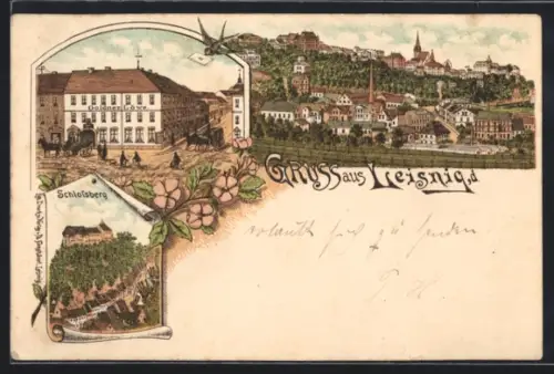 Lithographie Leisnig, Panorama, Schlossberg und Gasthof Goldner Löwe mit Strassenpartie