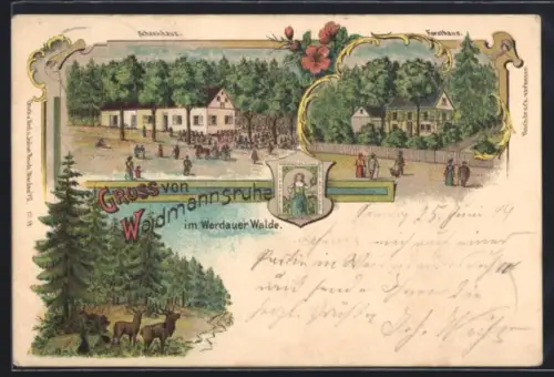 Lithographie Werdau /Sachsen, Gasthof Waidmannsruhe im Werdauer Walde, Schenkhaus und Forsthaus