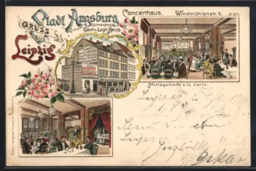 AK Augsburg, Konzerthaus in der Windmühlenstrasse 15, Speisesaal mit Gästen und Aussenansicht
