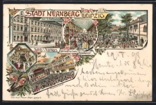 Lithographie Leipzig, Gasthof Stadt Nürnberg, Inh. G. Hofmeister, Theatersaal, Wintergarten