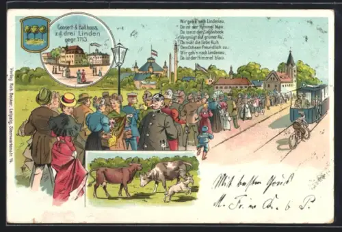 Lithographie Leipzig, Gasthaus zu den drei Linden, Strassenbahn