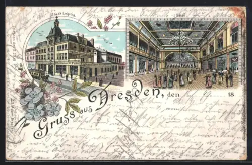Lithographie Dresden-Pieschen, Gasthaus Stadt Leipzig mit Saal, Leipziger Strasse 76