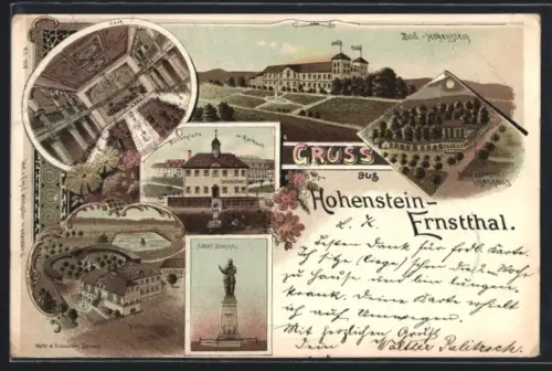 Lithographie Hohenstein-Ernstthal, Albert-Denkmal, Marktplatz mit Rathaus und Hotel Bad-Hohenstein