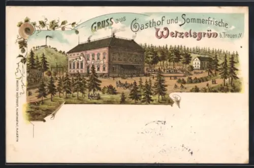 Lithographie Wetzelsgrün b. Treuen, Gasthof in der Aussenansicht mit Umgebung