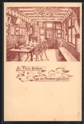 Lithographie Nürnberg, Gasthaus Bratwürstglöcklein, Innenraum mit gedecktem Tisch