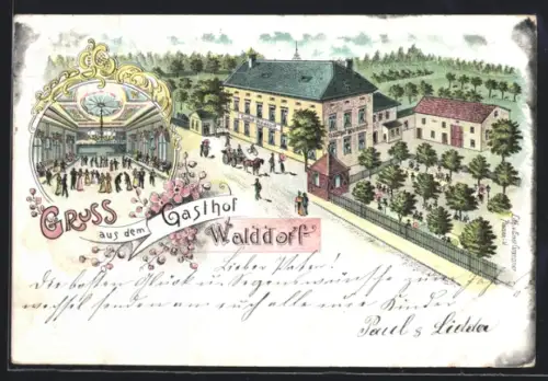 Lithographie Trünzig, Gasthof Walddorf aus der Vogelschau mit Tanzsaal
