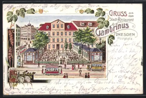 Künstler-AK Dresden, Stadt-Restaurant Gambrinus am Postplatz, Strassenbahnen