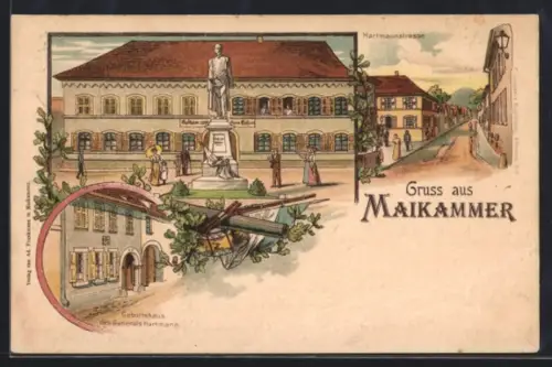 Lithographie Maikammer, Partie in der Hartmannstrasse, Gasthaus zum Ochsen, Geburtshaus von General Hartmann