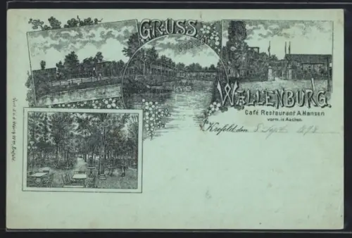 Lithographie Wallenburg, Restaurant von A. Hansen, Flusspartie und Gästebereich