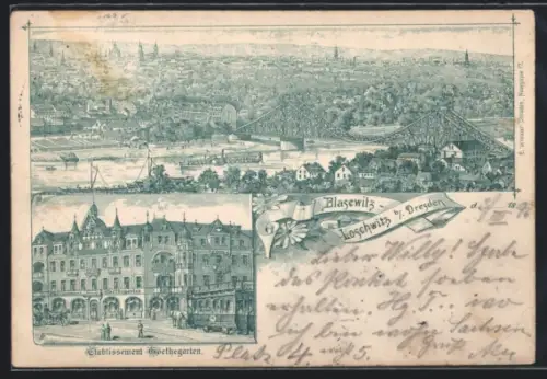 Lithographie Dresden-Blasewitz, Gasthaus Goethegarten, Schillerplatz 2, Panoramablick über die Elbe