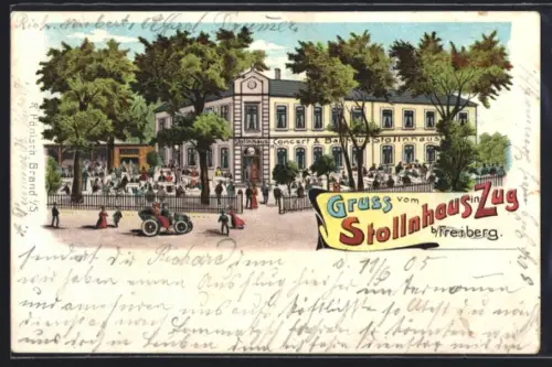 Lithographie Zug b. Freiberg, Konzerthaus Stollnhaus in der Aussenansicht