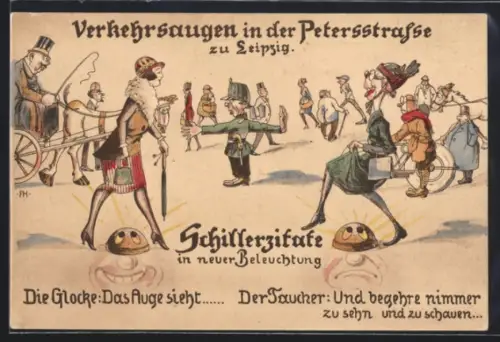 AK Dresden, Verkehrsaugen in der Petersstrasse, darunter Schillerzitate in neuer Beleuchtung