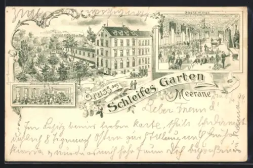 Lithographie Meerane, Gasthof Schleifes Garten aus der Vogelschau und mit Gesellschaftssaal