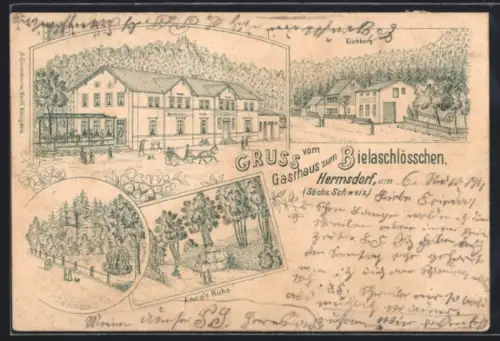 Lithographie Hermsdorf /Sächs. Schweiz, Gasthof zum Bielaschlösschen, Aussenansicht, Blick zum Eichberg und Anna`s Ruhe