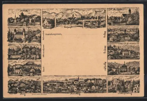 Lithographie Bernried /Starnberger See, verschiedene Orte mit Kirche und Gebirgspanorama, darunter Ambach und Berg
