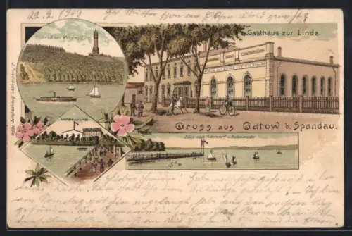 Lithographie Berlin-Gatow, Gasthaus zur Linde, Blick nach dem Wilhelmsturm