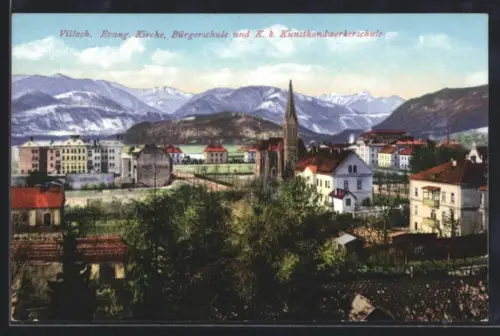 AK Villach, Evangelische Kirche, Bürgerschule und k. k. Kunsthandwerkerschule
