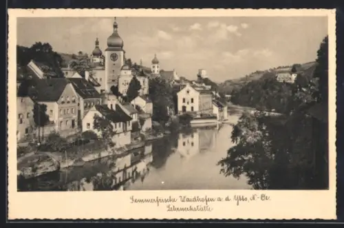 AK Waidhofen a. d. Ybbs, Panorama mit Flussufer und Kirchen, Lehrwerkstätte