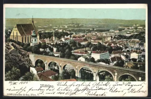 AK Mödling, Ortspanorama mit Viadukt und Kirche