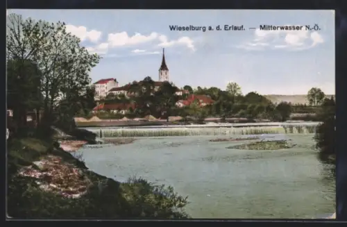 AK Wieselburg a. d. Erlauf, Mitterwasser, Panorama mit Kirche und Wehranlage