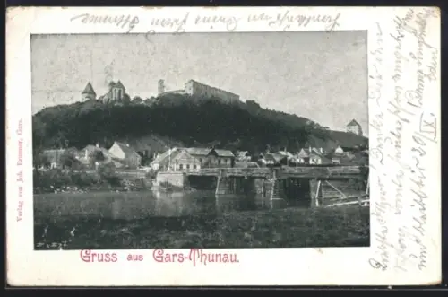 AK Gars-Thunau, Burg auf Hügel, Ort mit Brücke am Fluss
