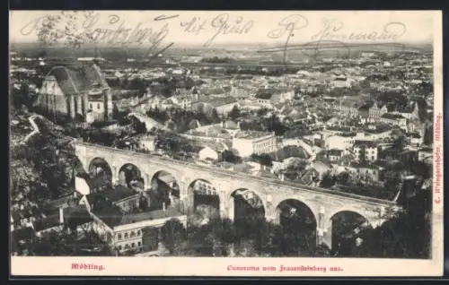 AK Mödling, Ortspanorama vom Frauensteinberg aus, mit Viadukt