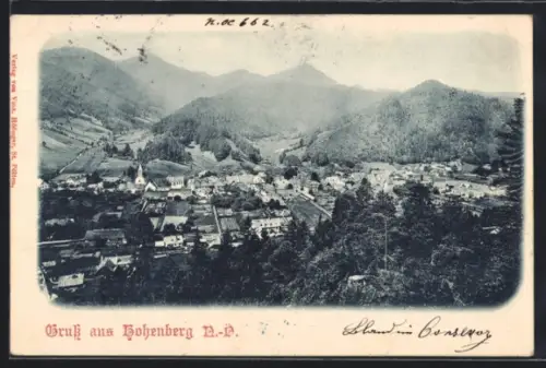 AK Hohenberg /N.-Ö., Ortsansicht mit Kirche und Bergkulisse