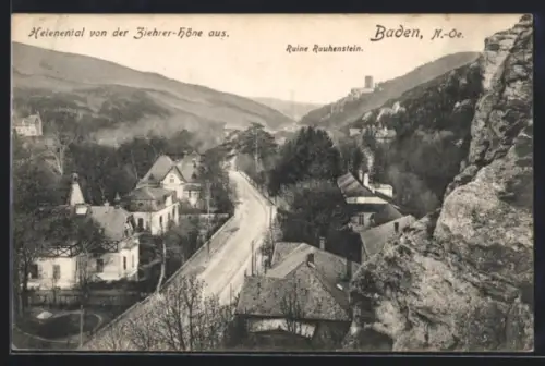 AK Baden /N.-Ö., Helenental von der Ziehrer-Höhe, Ruine Rauhenstein