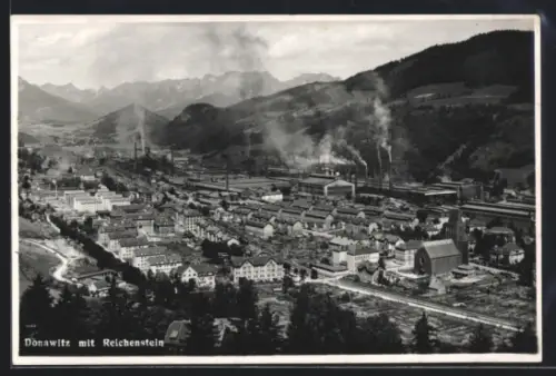AK Donawitz, Ortsansicht mit Reichenstein u. Fabriken