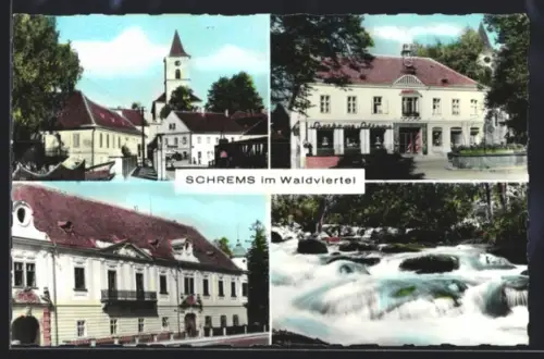 AK Schrems im Waldviertel, Schloss, Kirche, Fluss mit Stromschnellen
