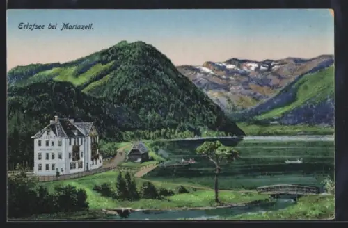 AK Erlafsee bei Mariazell, See mit Hotel J. Czerny und Bergpanorama